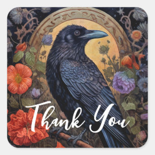 Black Raven with Flowers Gothic Design Thank You Square Sticker