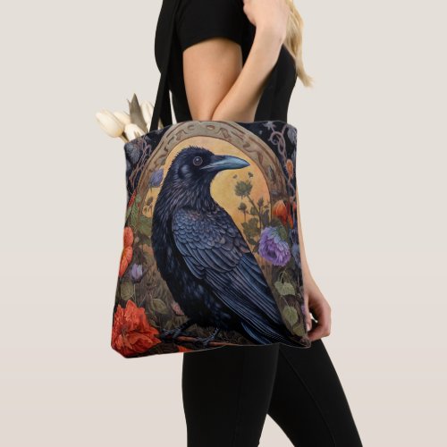 Black Raven with Flowers Gothic Design Tote Bag