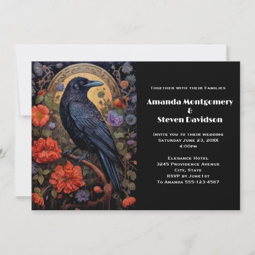 Black Raven with Flowers Gothic Design Wedding Invitation