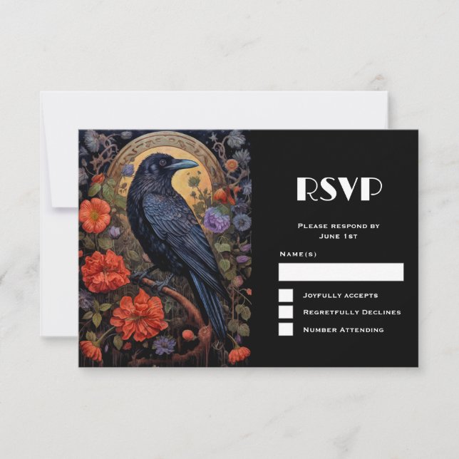 Black Raven with Flowers Gothic Design Wedding RSVP Card (Front)