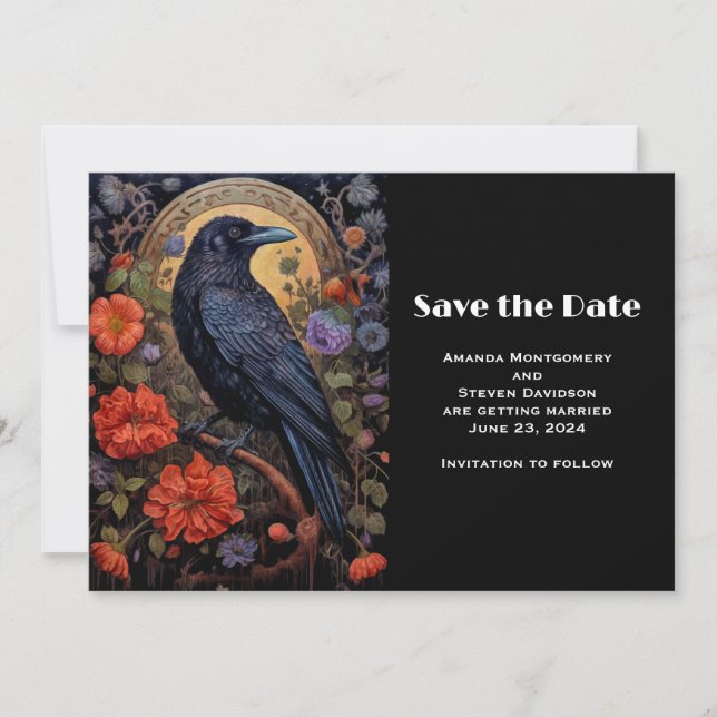 Black Raven with Flowers Gothic Design Wedding Save The Date (Front)