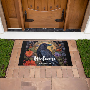 Black Raven with Flowers Gothic Design Welcome Doormat