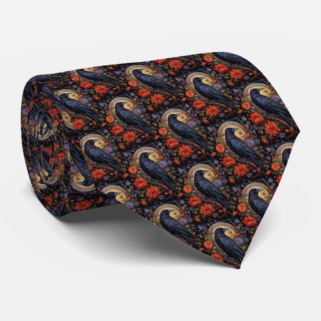 Black Raven with Flowers Gothic Pattern Neck Tie (Rolled)