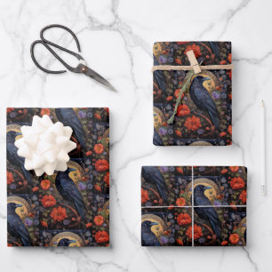 Black Raven with Flowers Gothic Pattern Wrapping Paper Sheets