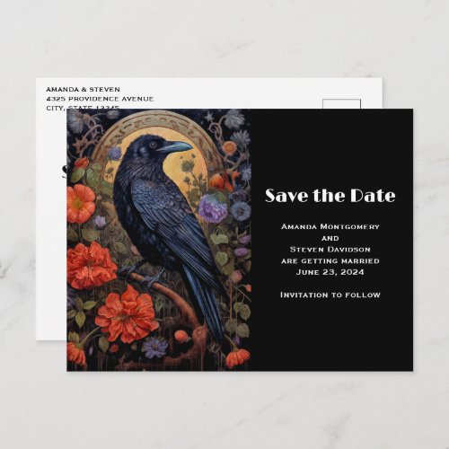 Black Raven with Flowers Gothic Save the Date Invitation Postcard