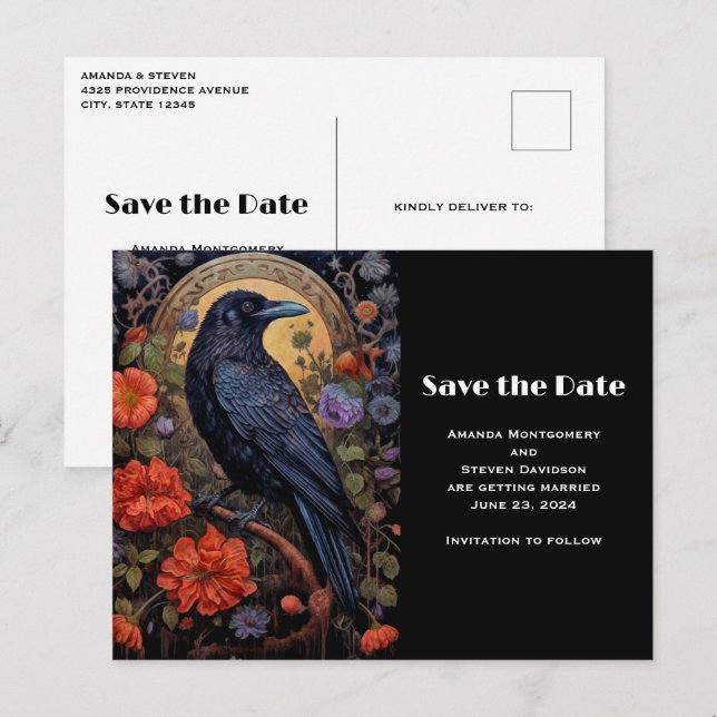 Black Raven with Flowers Gothic Save the Date Invitation Postcard (Front/Back)