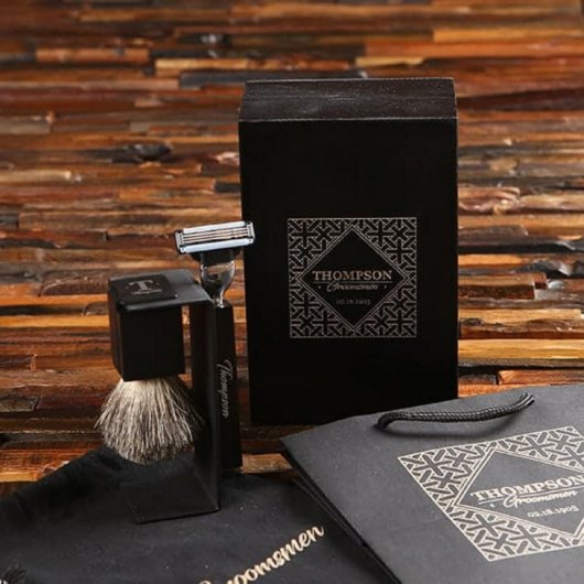 Black Razor, Brush & Magnetic Stand w/ Wooden Box (Front)