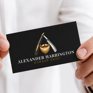 Black Razor Golden Beard Logo Barber Shop Business Card