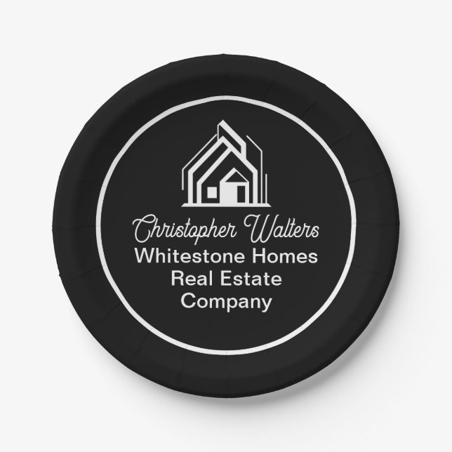Black Real Estate Company Customized Realtor Party Paper Plates (Front)