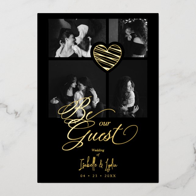 Black Real Golden Luxury Heart 4 photos Collage  Foil Invitation (Front)