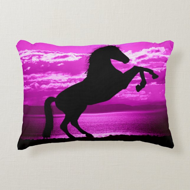 Black rearing horse with purple background pillow. accent pillow (Front)
