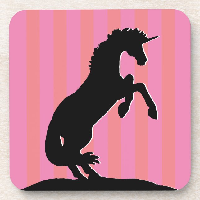 Black Rearing Unicorn (pink striped) Beverage Coaster (Front)