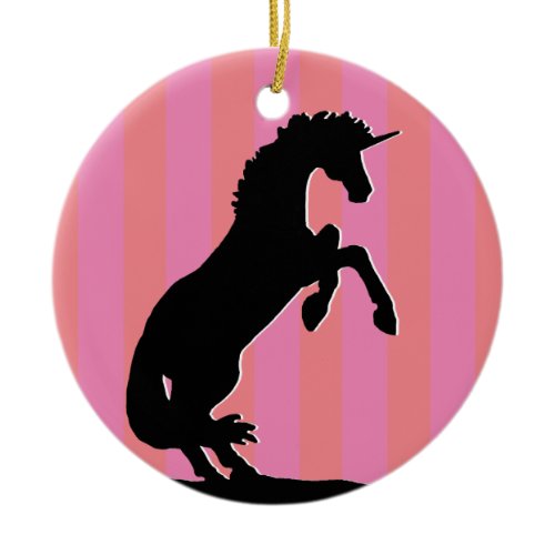 Black Rearing Unicorn (pink striped) Ceramic Ornament
