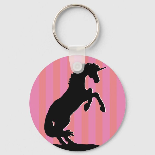 Black Rearing Unicorn (pink striped) Keychain (Front)