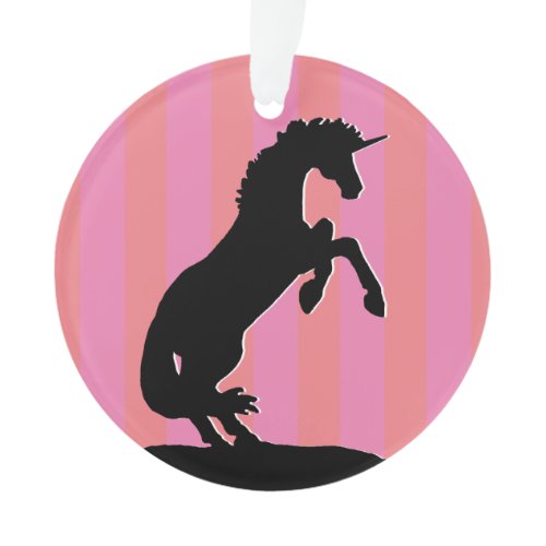 Black Rearing Unicorn (pink striped) Ornament
