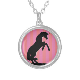 Black Rearing Unicorn (pink striped) Silver Plated Necklace