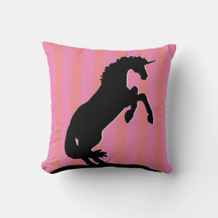 Black Rearing Unicorn (pink striped) Throw Pillow