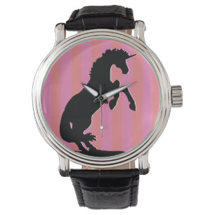 Black Rearing Unicorn (pink striped) Watch