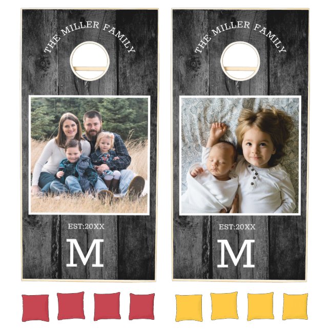 Black Reclaimed Wood Family Name Monogram Photo  Cornhole Set (Set)