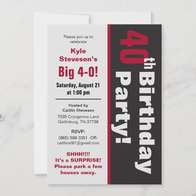 Black & Red 40th Birthday Party Invitation (Front)