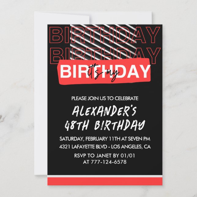 Black Red 48th birthday Party invitations Men  (Front)