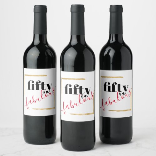 Black Red 50  Fabulous 50th Birthday Typographic Wine Label