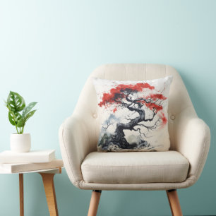 Black Red Abstract Tree Throw Pillow