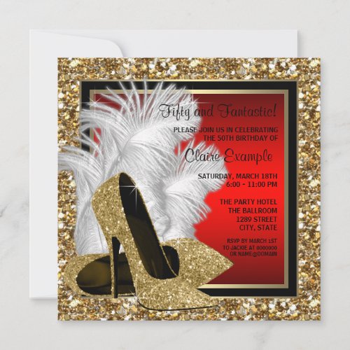 Black Red and Gold High Heels Birthday Party Invitation