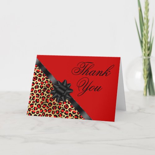 Black Red and Gold Leopard Black Bow Gift Red Thank You Card