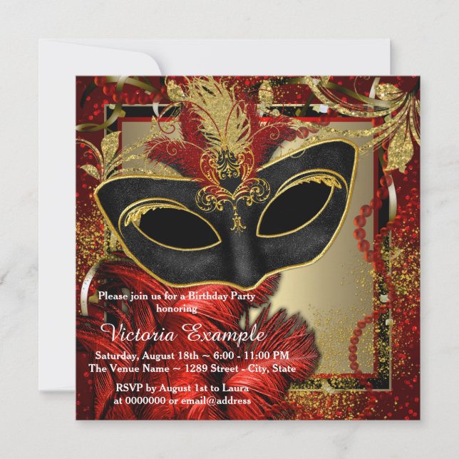 Black Red and Gold Masquerade Party Invitation (Front)