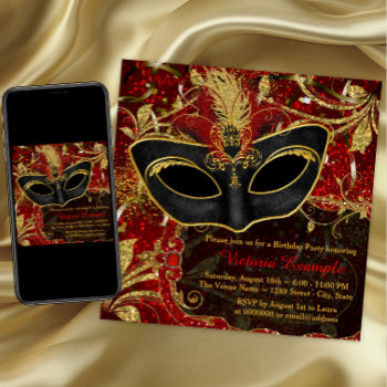 Black Red And Gold Masquerade Party Invitation by Pure_Elegance at Zazzle