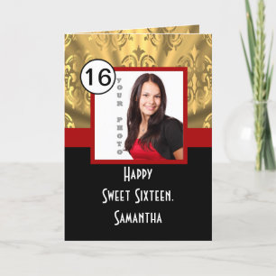 Black red and gold sweet sixteen letterpress thank you card