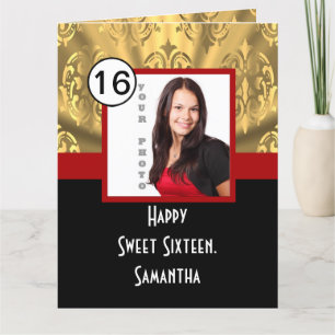 Black red and gold sweet sixteen letterpress thank you card