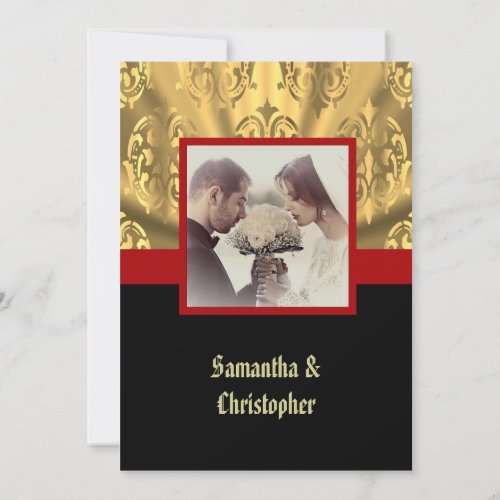 Black red and gold wedding photo invitation