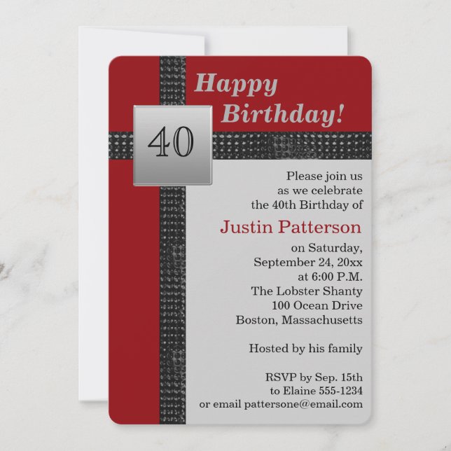 Black, Red, and Gray 40th Birthday Invitation (Front)