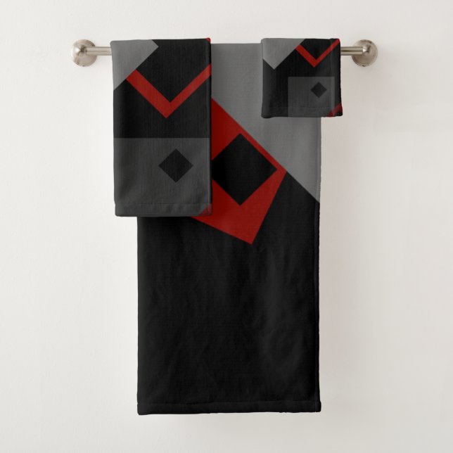 Black red and gray geometric bath towel set (Insitu)