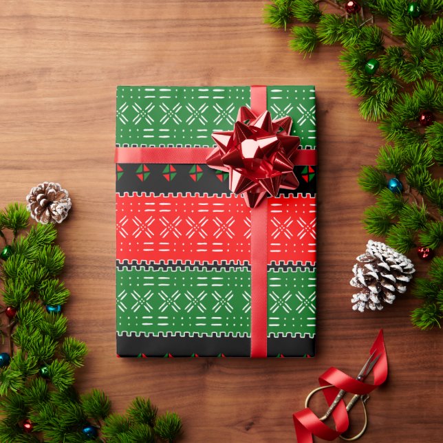 Black Red And Green Mudcloth Tribal Pattern Wrapping Paper (Holiday Gift)