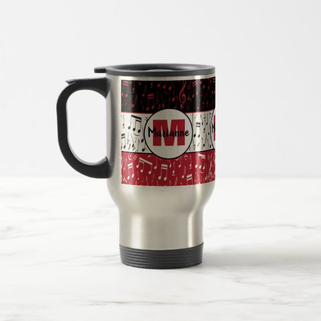 Black red and silver music notes travel mug (Left)