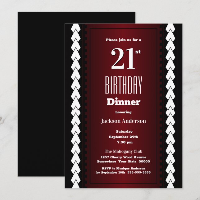 Black Red and White 21st Birthday Dinner Invitation (Front/Back)