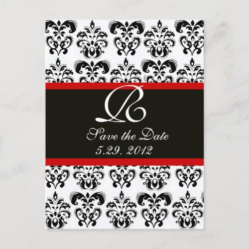 BLACK  RED AND WHITE DAMASK MONOGRAM ANNOUNCEMENT POSTCARD