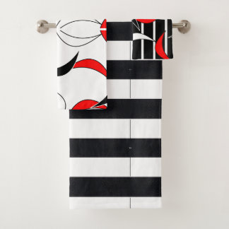 Black, red and white details bath towel set