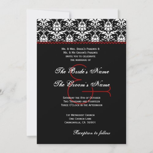 Black Red and White Feathery Damask Wedding 1 Invitation