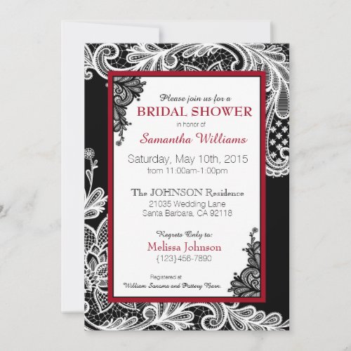Black Red and White Lace Bridal Shower Invitation