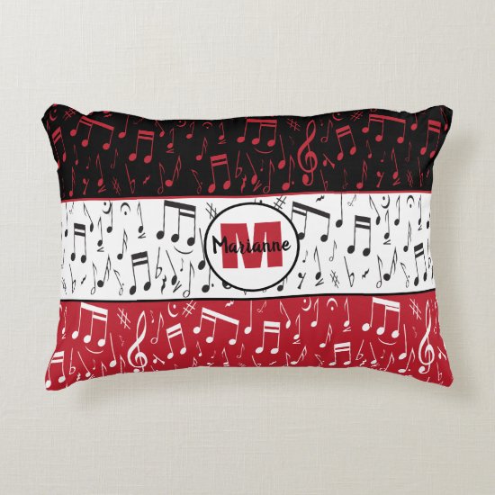 Black red and white music notes accent pillow