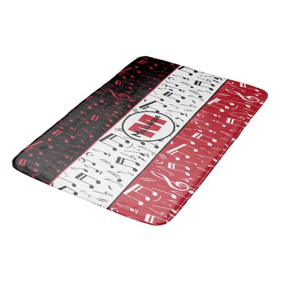 Black red and white music notes bath mat