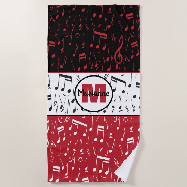 Black red and white music notes  beach towel (Front)