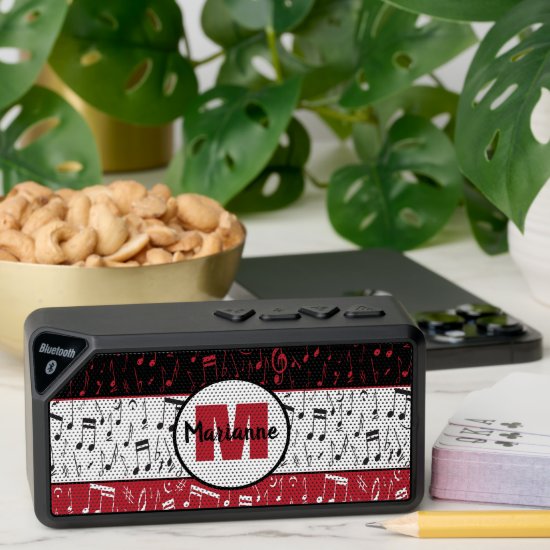 Black red and white music notes bluetooth speaker