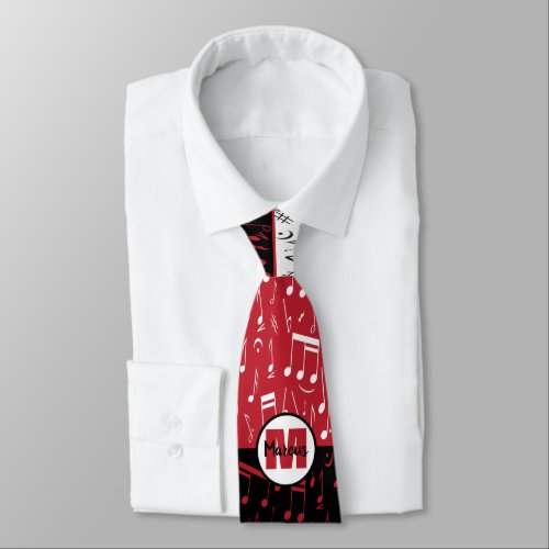 Black red and white music notes neck tie