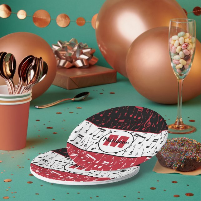 Black red and white music notes paper plates (Multi)