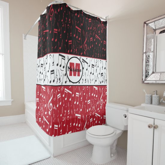 Black red and white music notes shower curtain
